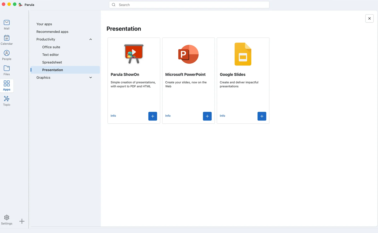Mustang Apps: presentation apps such as Parula ShowOn, PowerPoint and Google Slides