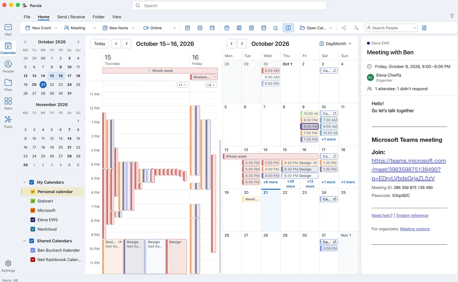 Mustang Calendar: day and month view with personal, Stalwart, Microsoft, Exchange, Nextcloud and shared calendars