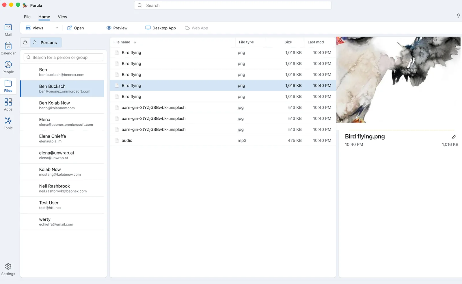 Mustang Files: attachments grouped by person, with a preview pane