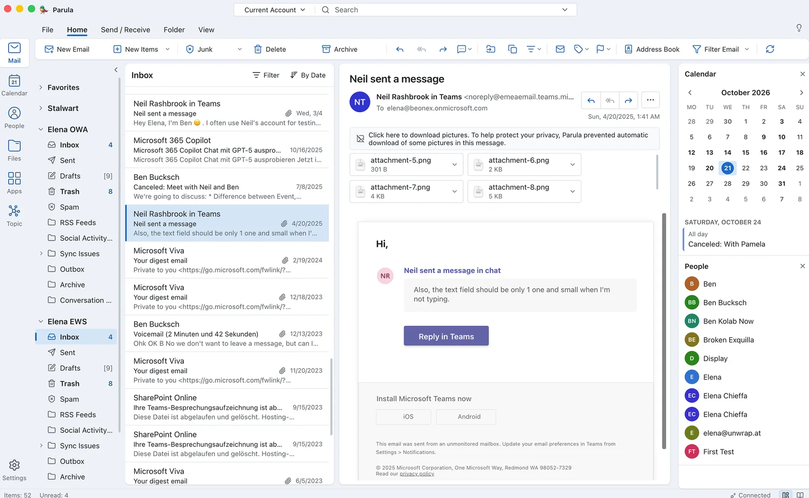 Mustang Mail: ribbon, folder tree for several accounts, message list and reading pane