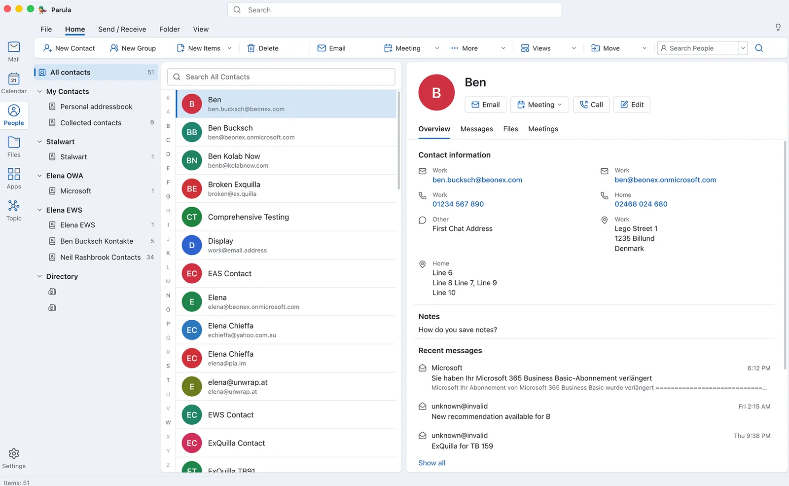 Mustang People: address books from several accounts and a contact card with recent messages
